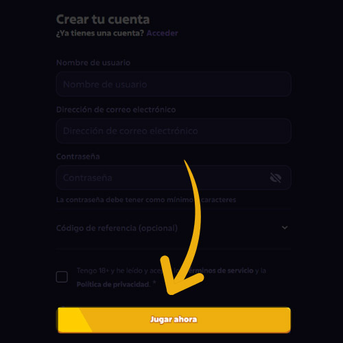 Haga clic en "Crear cuenta" en Roobet
